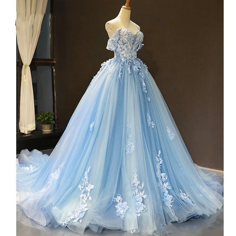 Sky Blue Prom Dresses Cheap 3D Flowers Applique Ball Gown Off Shoulder Corset Back Sweet 15 Quinceanera Dress C1780