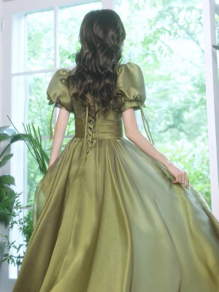 Socialite evening dress, escaped princess high sense party dress, bubble sleeve green prom dress C2040