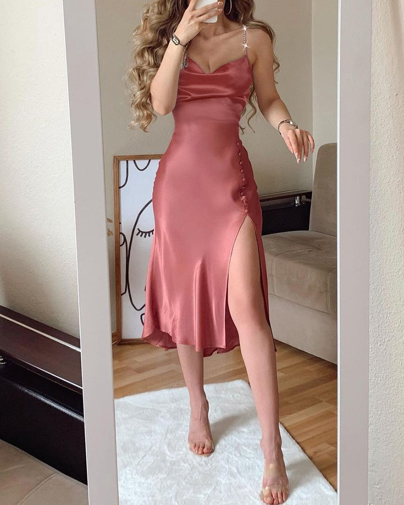 Studded Strap Buttoned Cowl Neck High Slit Satin Dress Party Dress C2229