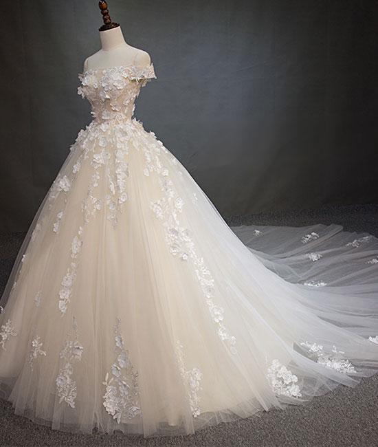 White tulle lace applique long prom dress, white lace wedding dress C1843