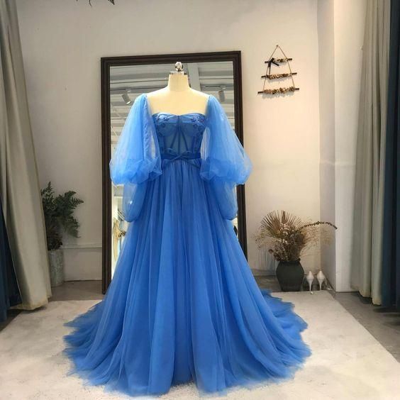 Blue Tulle Fashionable Sweetheart Long Party prom Dress C1834