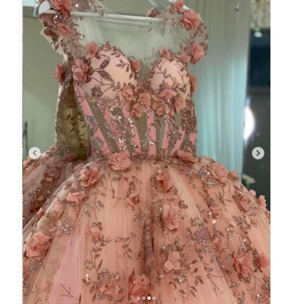Pink evening dresses, custom make evening dresses, flowers formal dresses C1836