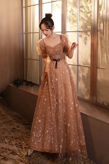 Elegant Champagne Evening Dresses Female Lanturn Sleeves Bow Lace Up Long French Style Ball Gowns C1945