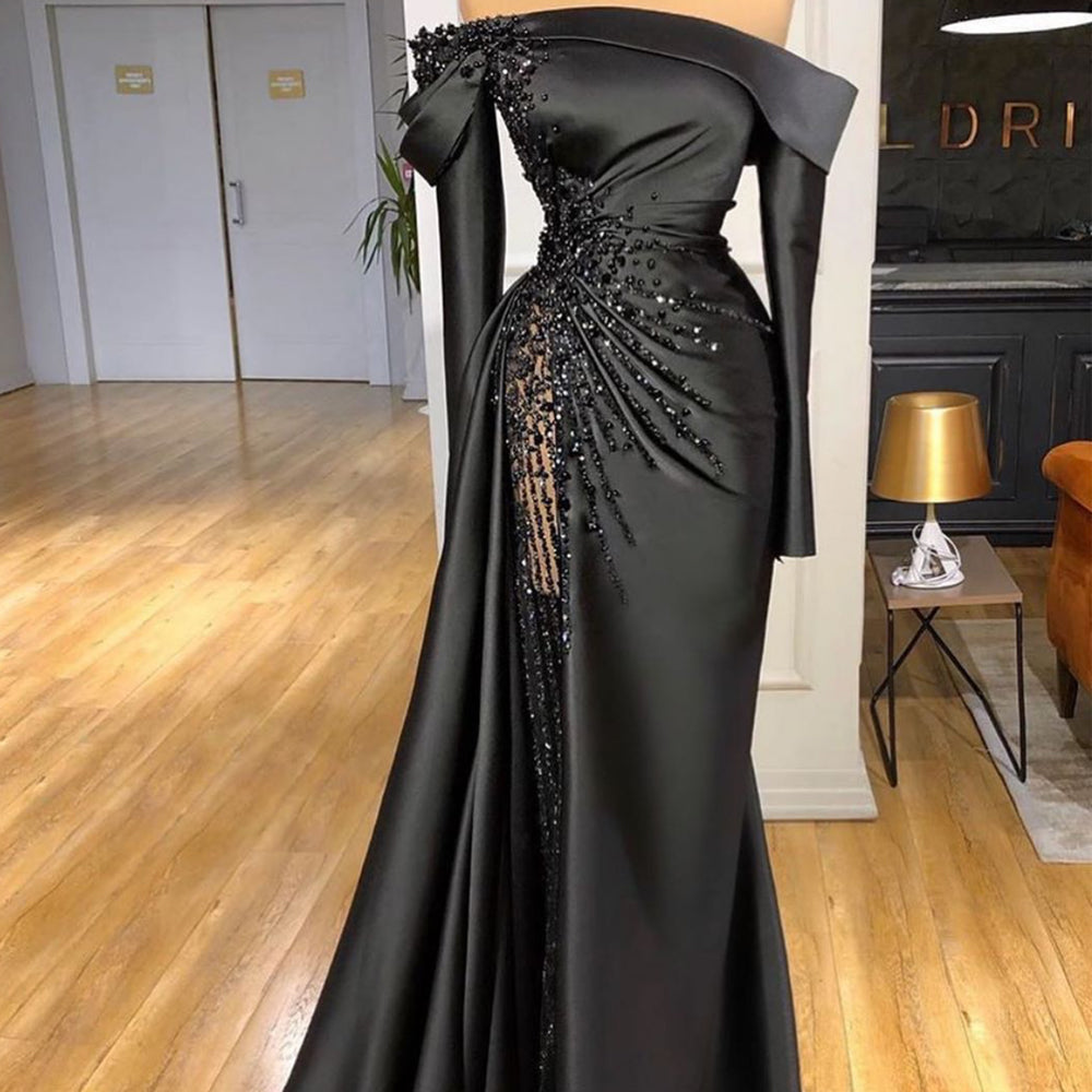 Sexy Black Long Satin Prom Dress Off The Shoulder See Through Beaded Top Pageant Women Party Dresses C2196