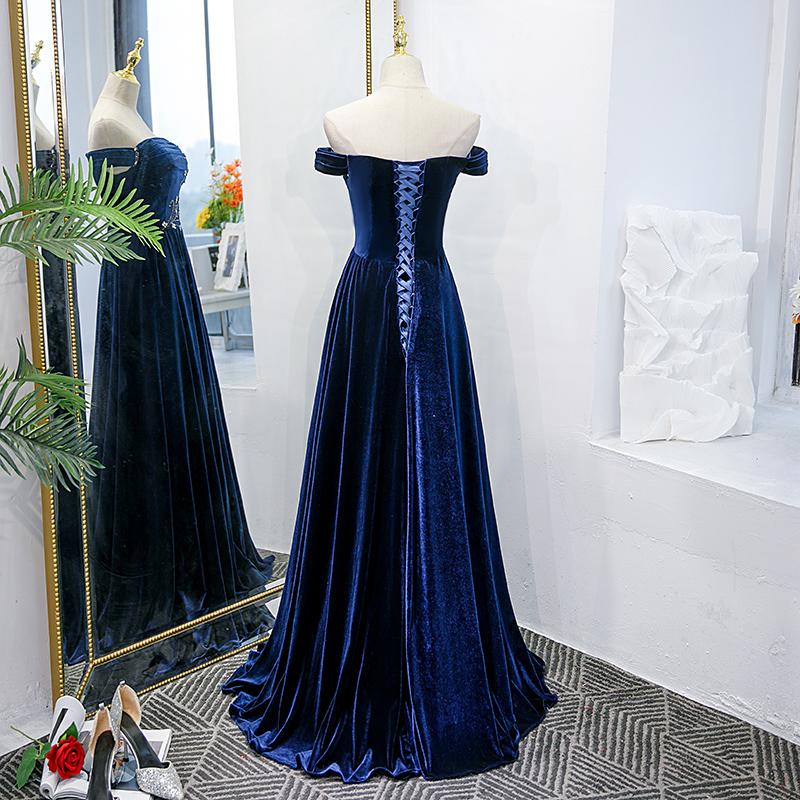 Blue Velvet Beaded Elegant Off Shoulder Evening Dress, Blue Long Prom Dress Party Dress C1751