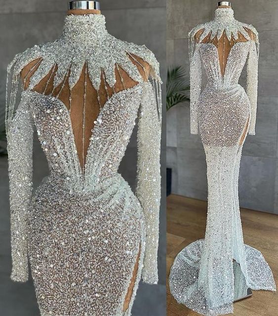 White Arabic Split Prom Dresses Luxury Beading Sequined High Neck Long Sleeve Women Plus Size Formal Evening Gowns C1942