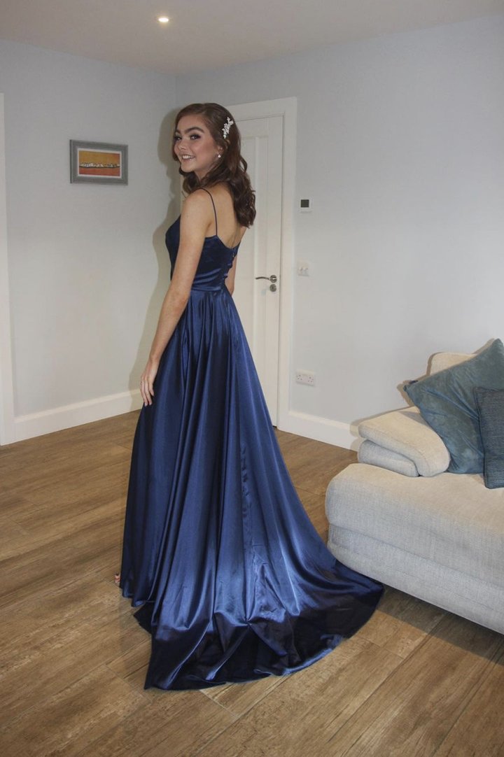 Blue v neck long A line prom dress blue evening dress C1733