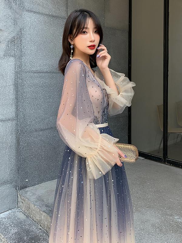 Long Sleeves Blue Ombre Beaded Prom Dresses, Long Sleeves Blue Ombre Formal Evening Dresses C1823