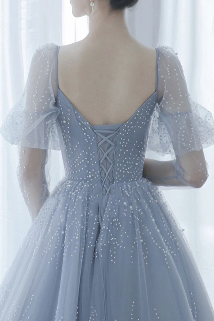 Blue tulle long ball gown dress A line formal dress C1337