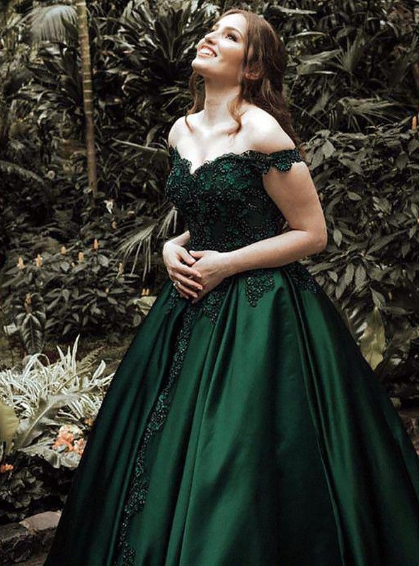 Classic Satin Dark Green Off Shoulder Sweetheart Ball Gown Prom Dress C2102