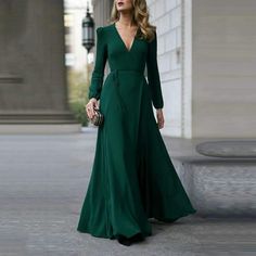 Black/ Burgundy/Green Vintage Formal Dress Women Lady V Neck Long Sleeve Prom Dress C752