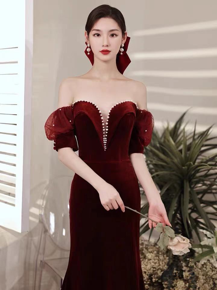 Burgundy party dress,off shoulder evening dress,velvet mermaid long prom dress,backless sexy formal dress,custom made C2094