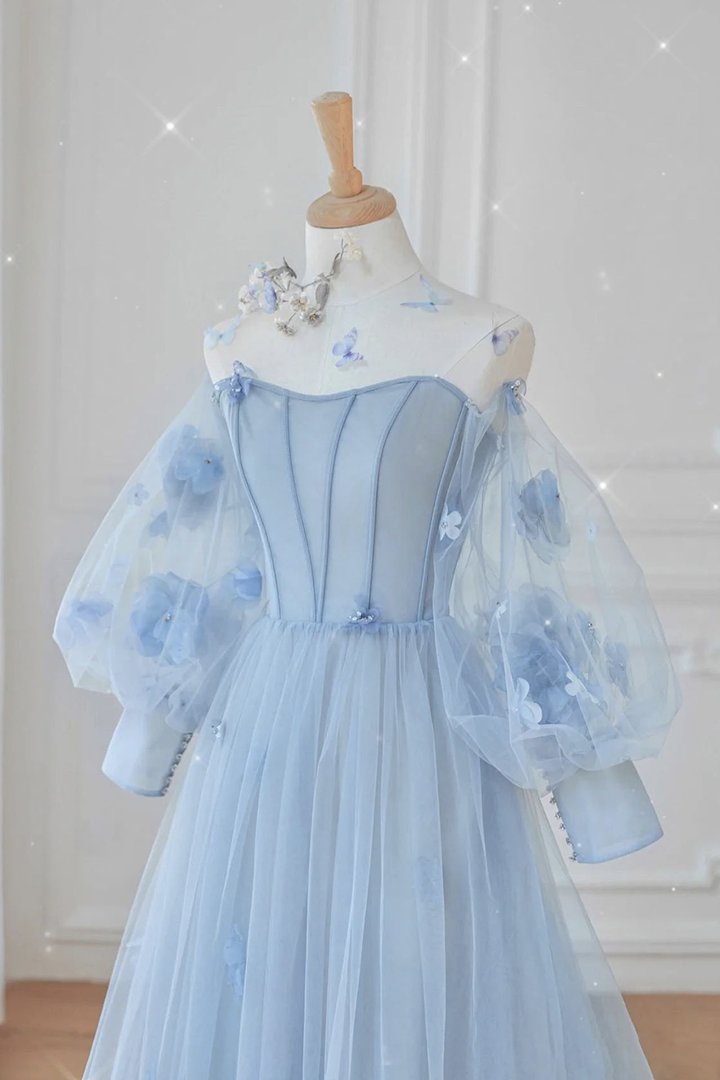 Blue tulle long sleeve prom dress blue evening dress C1860
