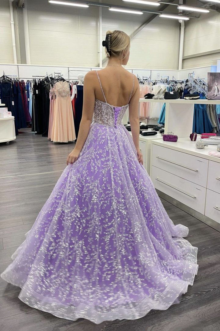 Purple tulle lace long prom dress evening dress C1278