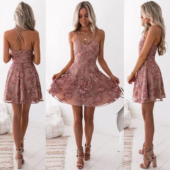 Spaghetti Straps Sleeveless Homecoming Dress, Backless Applique Homecoming Dress C25