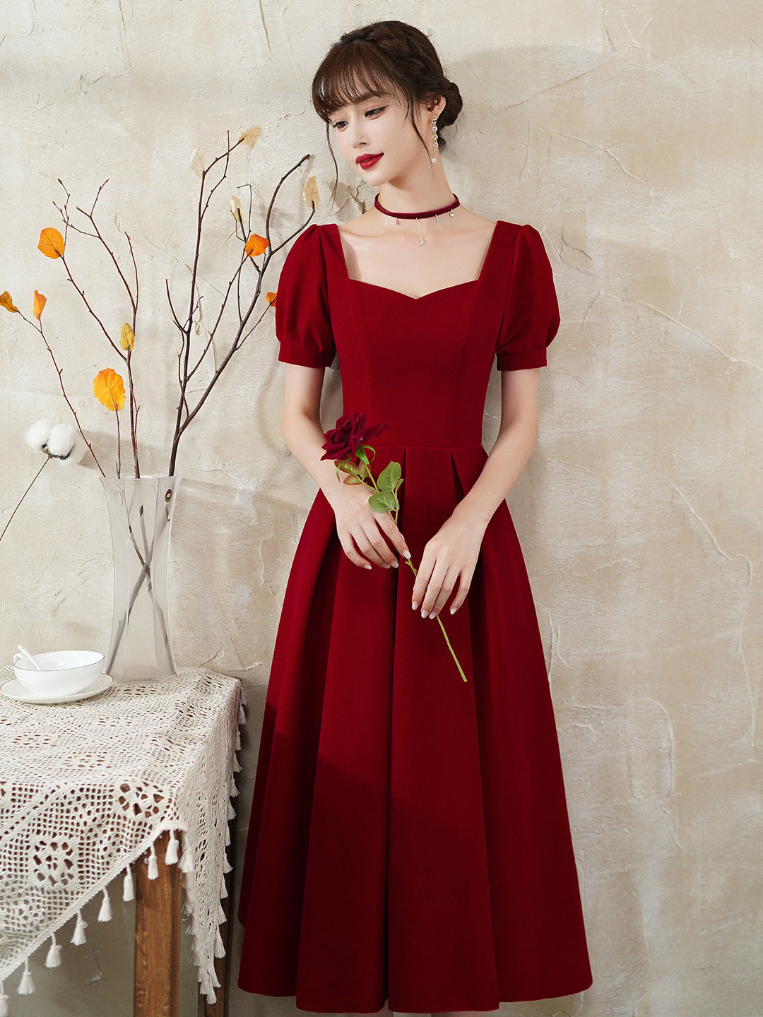 Burgundy party dress, short sleeve midi dress custom made prom dress C2059