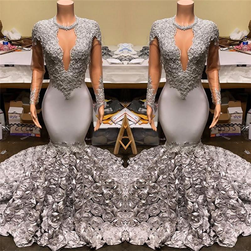 Silver Party Dress Fit And Flare Floral Prom Dresses Lace Appliques Real Shooting Formal Dresses C2003