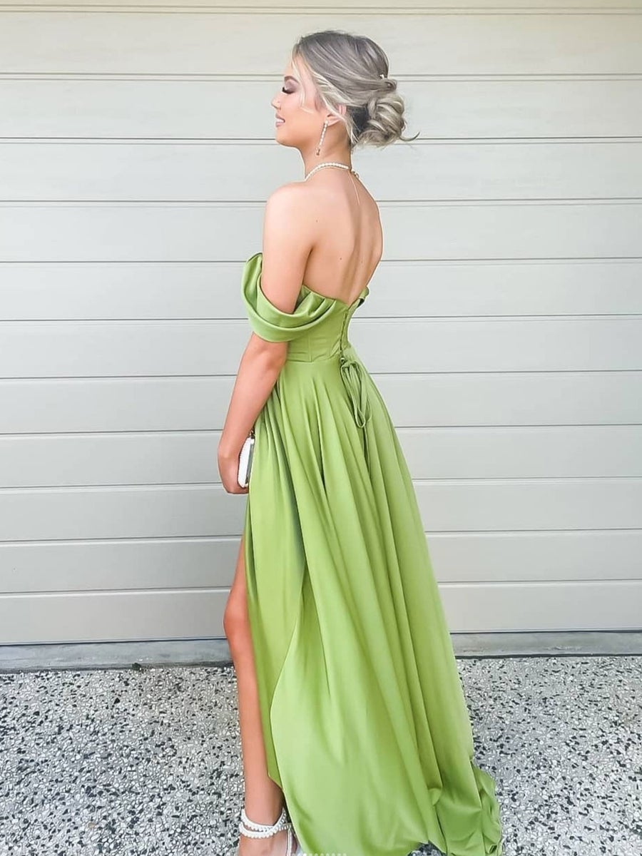 Simple green off shoulder satin long prom dress, green evening dress C2036