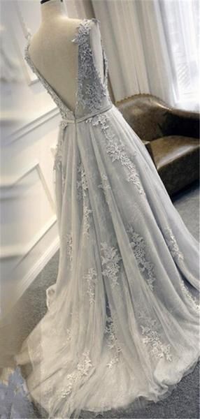 A-line Lace Appliques Sleeveless V-back Long Prom Dress C12