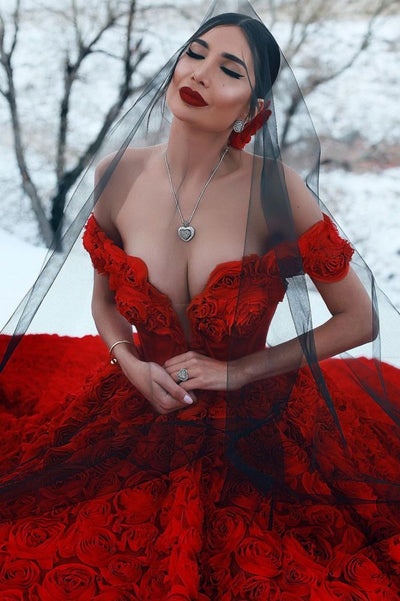 Off-the-Shoulder 3D Floral Printed Ball Gown for Girl Evening Dresses C2155