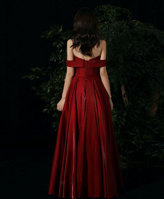 Burgundy round neck beads long prom dress burgundy evening dress C1727
