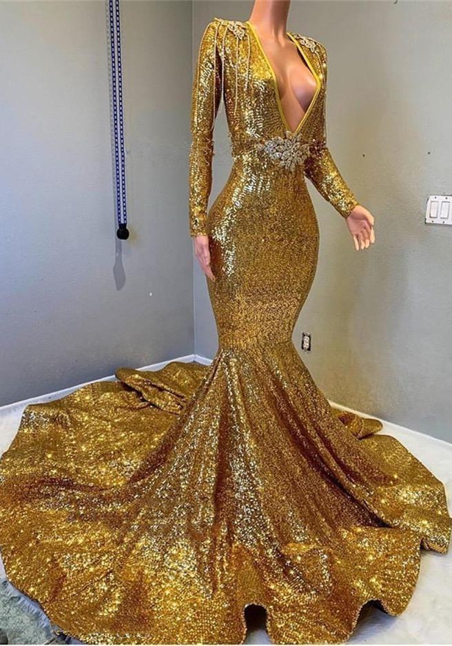 Sexy Mermaid Gold V Neck Backless Long Sleeves Sequence African American Prom Dresses C2279