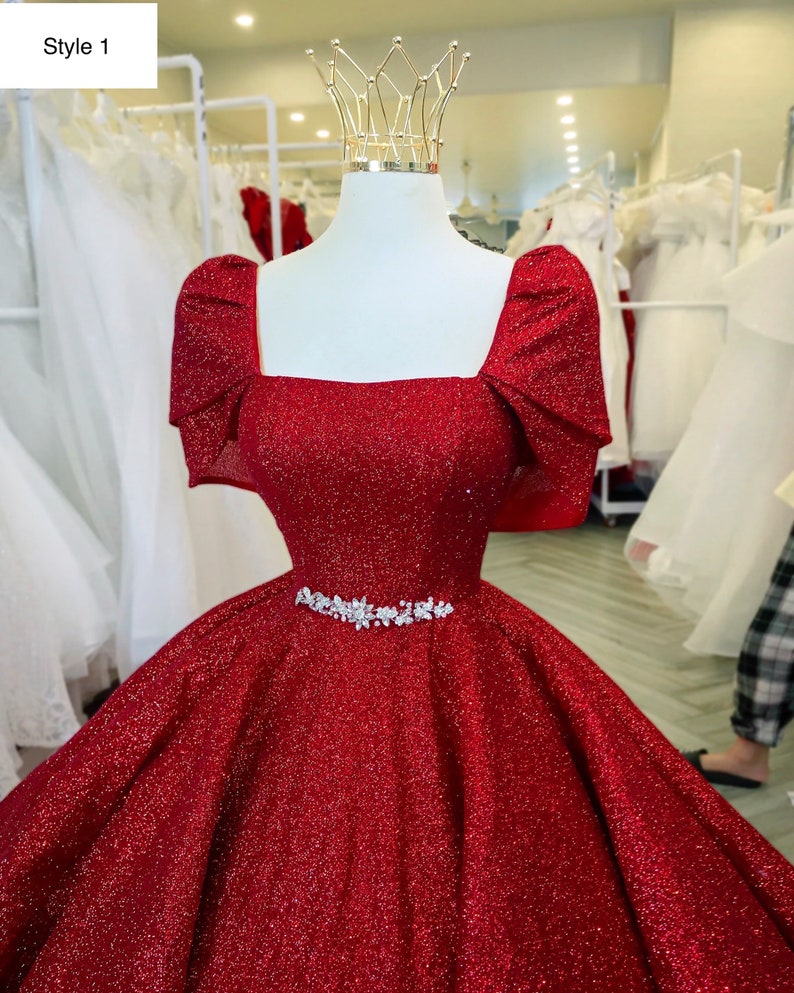 illusion Red Sparkle Ball Gown Wedding Dress With Short Sleeves Chic Prom Dress C2151