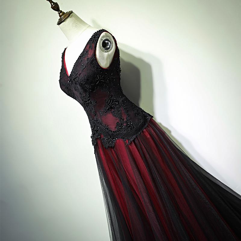Gorgeous Black And Red V-Neckline Tulle Beaded Prom Dress, Long Evening Gown C2015