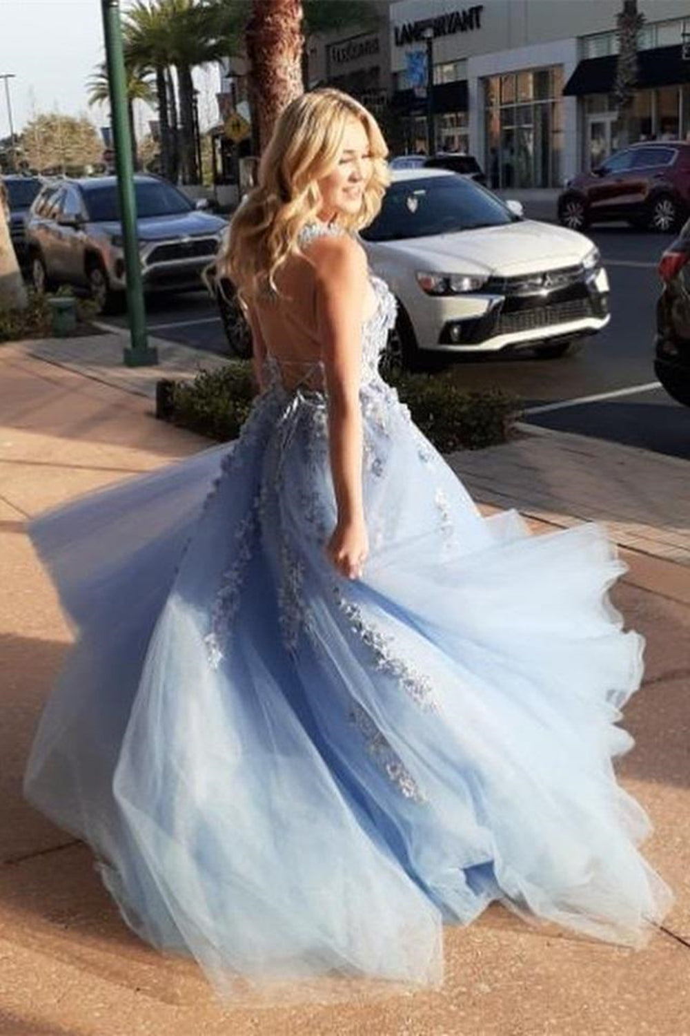 Elegant Backless Light Blue Lace Floral Long Prom Dresses, 3D Flowers Light Blue Lace Formal Dresses, Light Blue Evening Dresses C2204