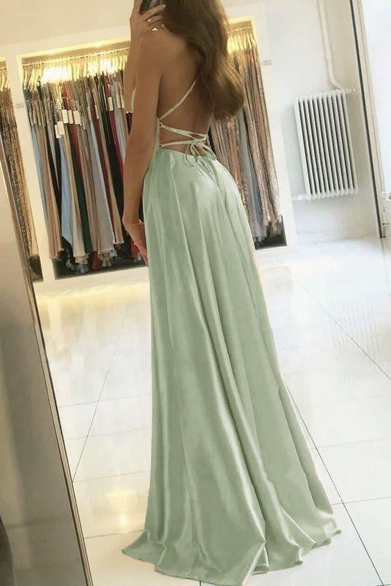 A-Line Spaghetti Straps Front Split Long Prom Dress C1909