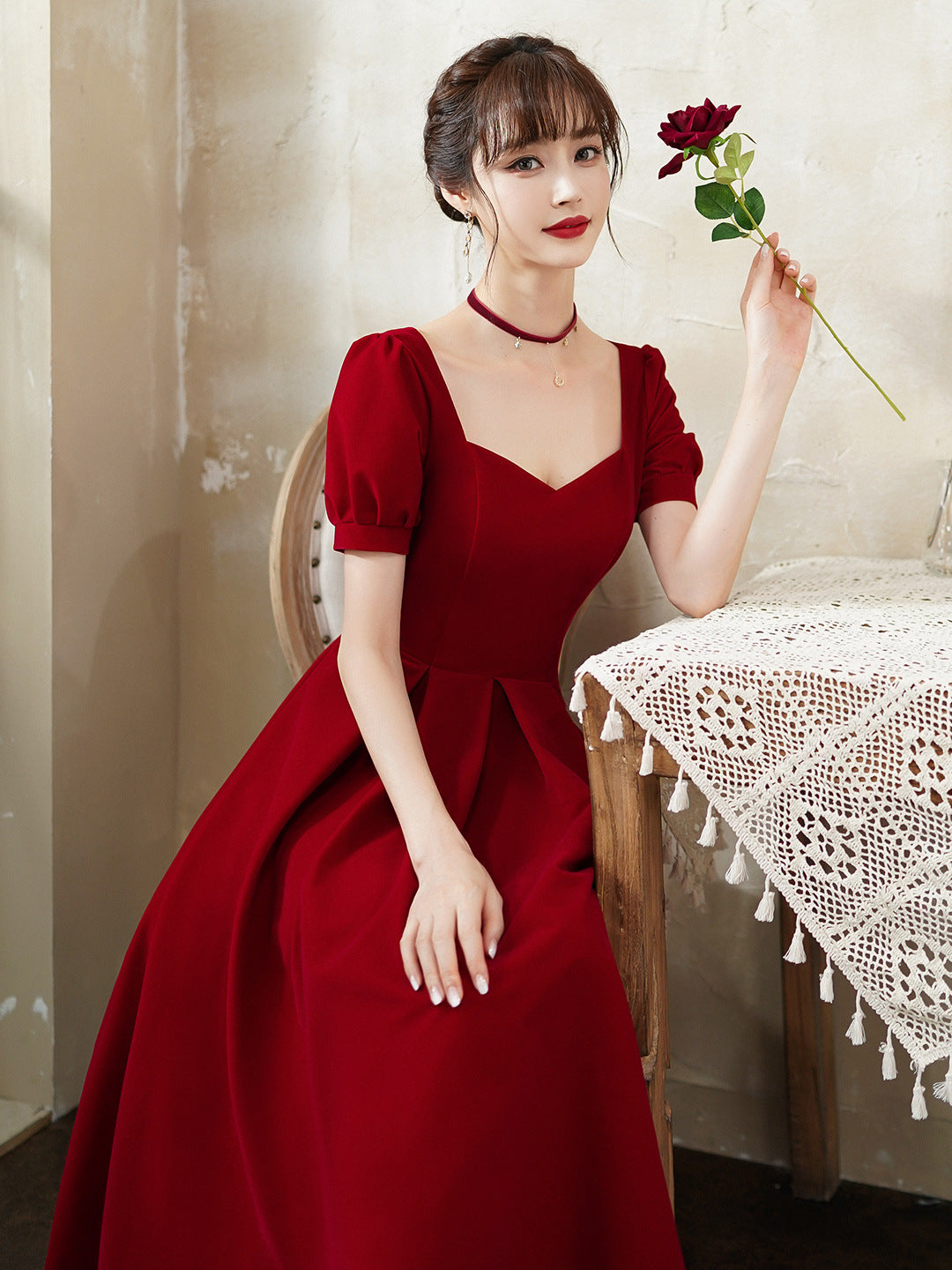 Burgundy party dress, short sleeve midi dress custom made prom dress C2059