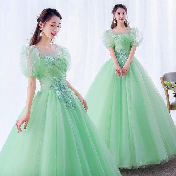Short Sleeve Illusion Ball Gown, Quinceanera Dress - green C2047