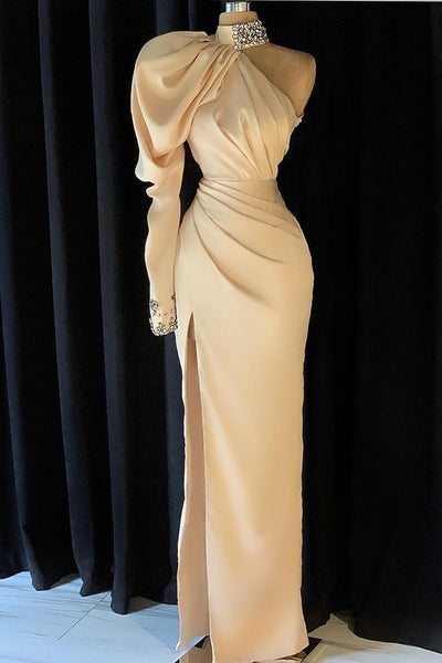 Gorgeous High Neck Long Sleeve Crystal Prom Dress Mermaid With Split C2192