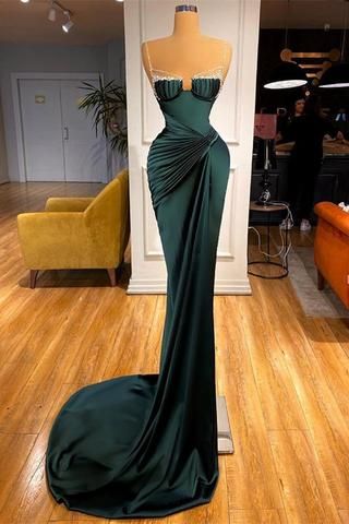 Gorgeous Dark Green Spaghetti-Straps Mermaid Prom Dress With Beadings C2126