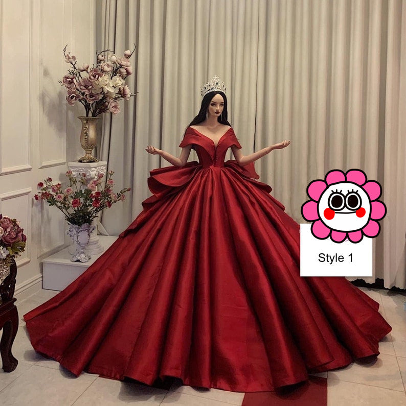 Charming red or white princess V neck satin ball gown wedding dress - various styles C2154