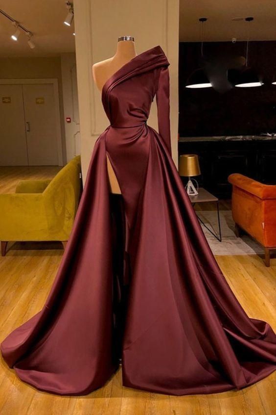 One Shoulder Pleated Evening Dresses with High Leg Slit C1667
