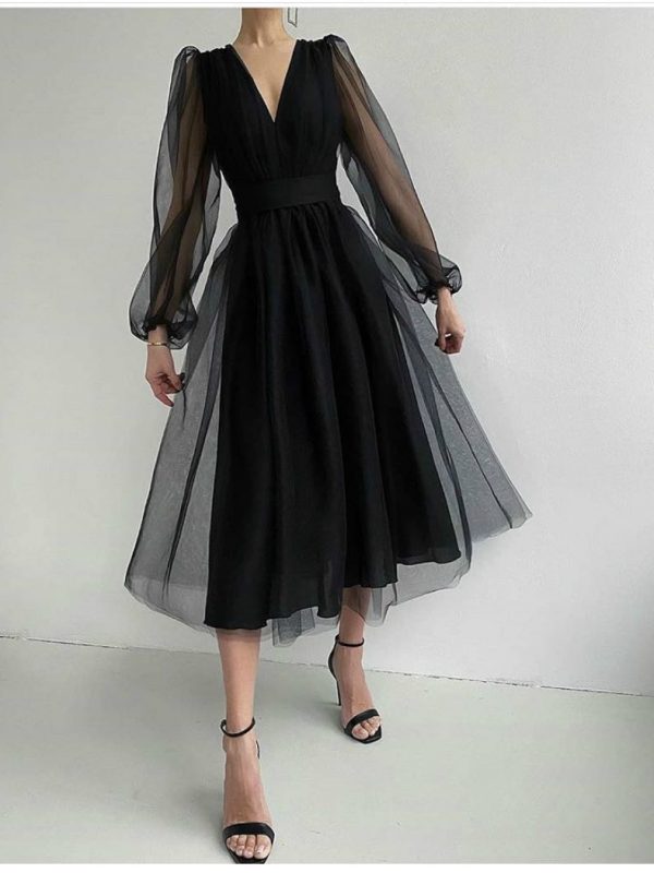 A line Evening Dress Tea Length Simple Evening Gown With Long Sleeves C1225
