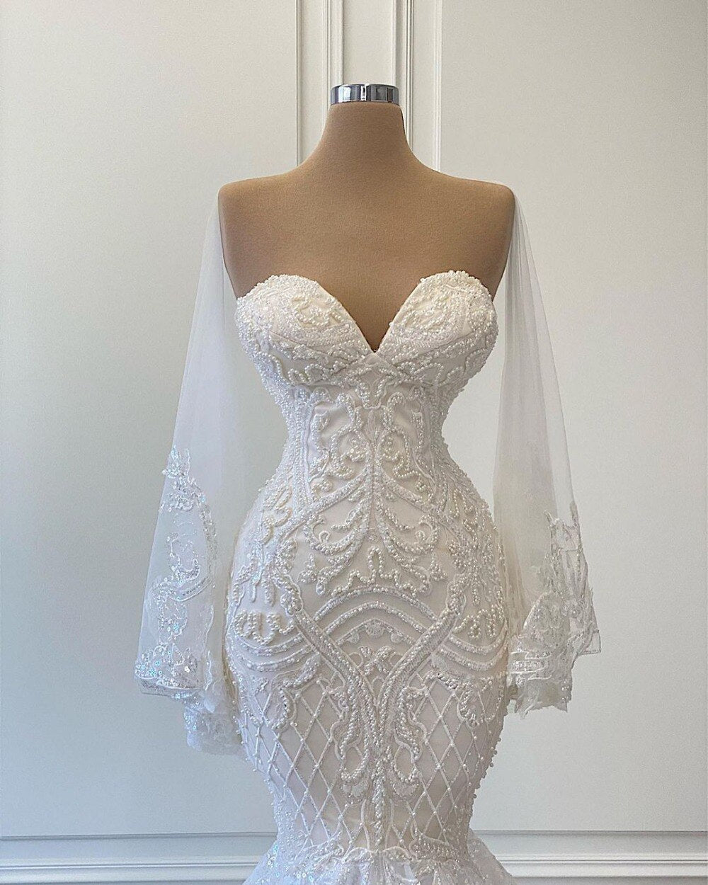 Sexy White Lace Mermaid Wedding Dresses Sweetheart ,Chic Prom Dress C1384