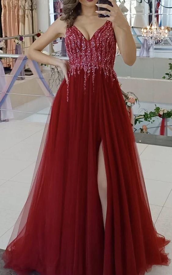 Elegant long red tulle prom split dresses v neck sequin beaded evening dress C2315
