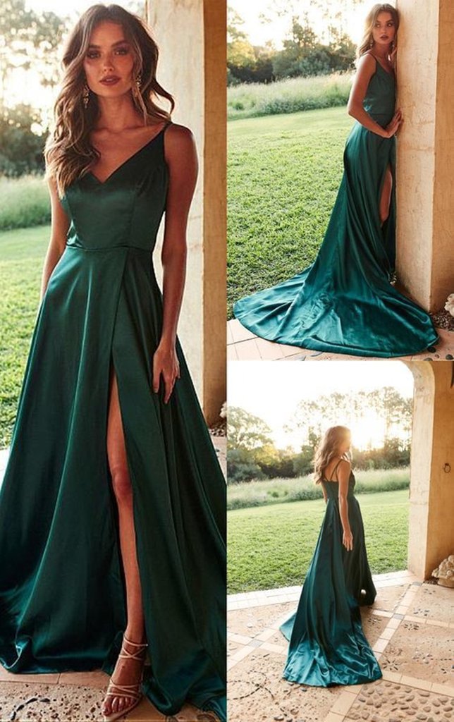 A Line V Neck Green Prom Dress with Train, High Slit Green Formal Evening Dresses C1654