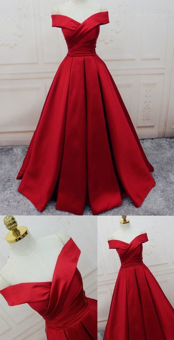 Evening Dresses, A-line/Princess Prom Dresses, Long Party Dresses, Off-the-shoulder red Long satin party dress C1779