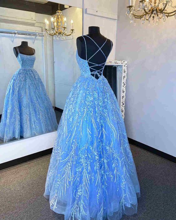Elegant Straps Blue Appliqued Formal Prom Dress C36