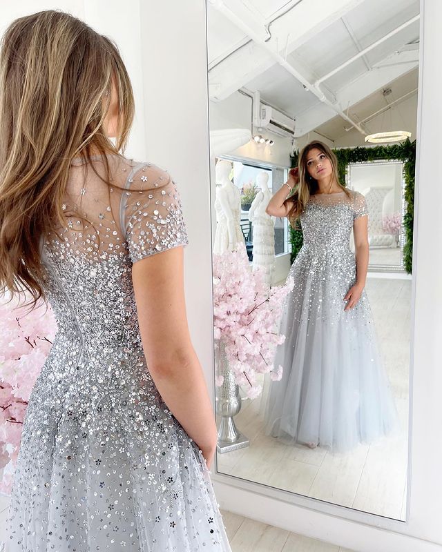 Gorgeous A Line Silver Long Prom Party Dress with Beading C779
