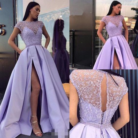 Charming Lilac Side Split Beaded See Through Cap Sleeve Prom Dresses,Long Prom Dress C1573