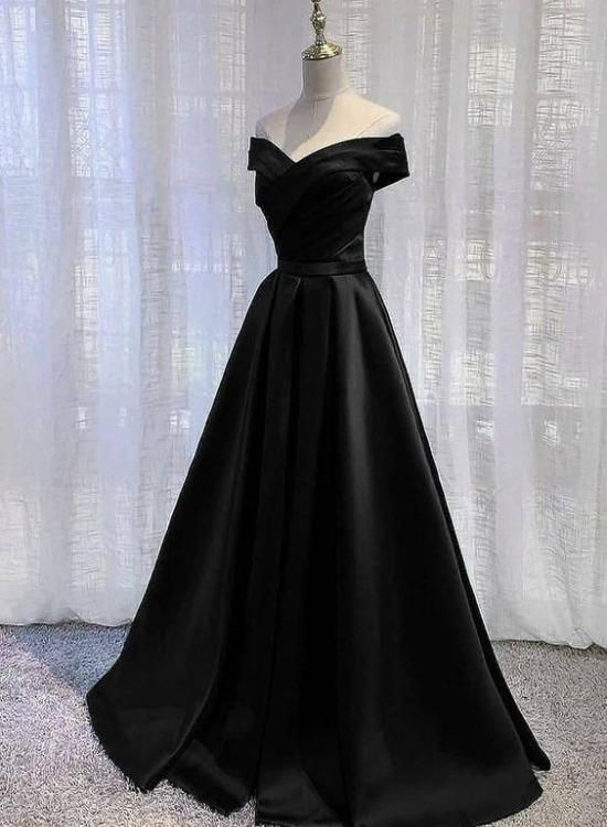 Pretty Off Shoulder Black Satin A-Line Party Dress Formal Dress, Long Black Prom Dress C1672