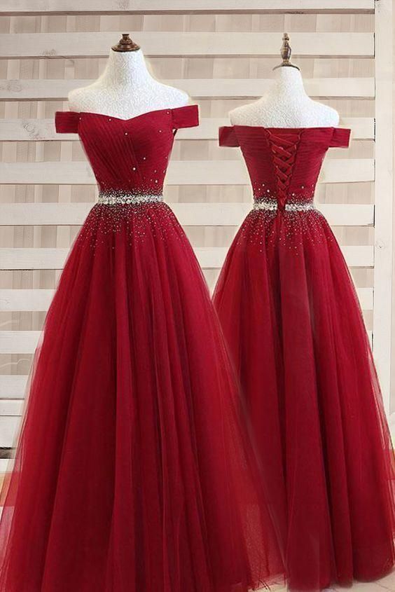 Burgundy A line Off the shoulder Sweetheart Prom Dresses, Beads Evening Dresses C1745