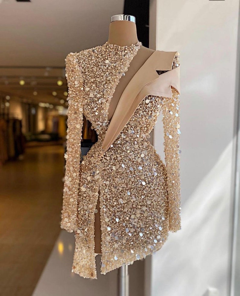 Heavy Beaded Champagne Short Prom Dresses Long Sleeve Women Dubai Evening Cocktail Party Gowns Homecoming Dress C1584