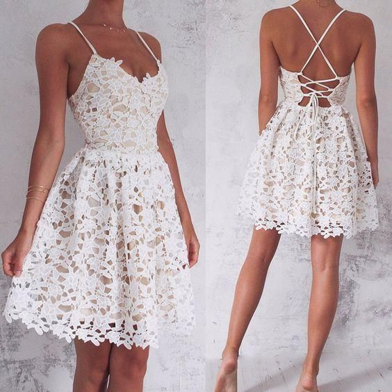 Sleeveless Spaghetti-Strap Lace Mini Modest Lace-up Homecoming Dress C23