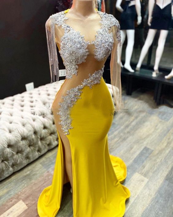 Yellow prom dresses, tassel prom dress, side slit evening dresses, arabic evening dresses, cheap party dresses, sexy formal dress, evening gowns C2244