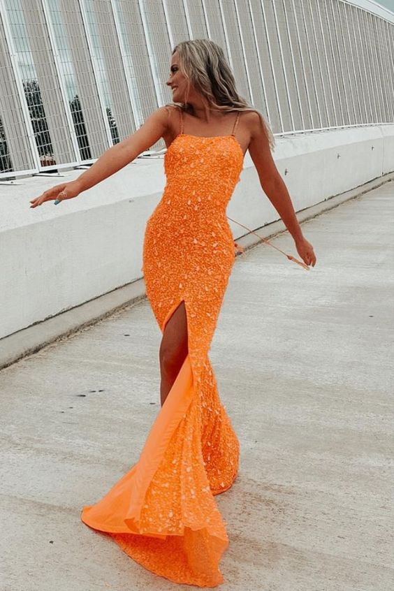 sparkle mermaid orange sequins long prom dress with slit C2172